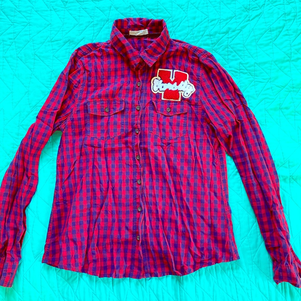 Women’s blue and red checkered long sleeve shirt